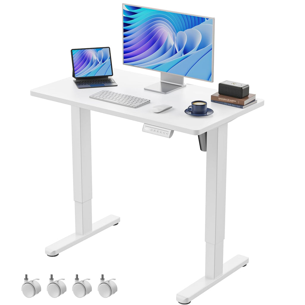HUANUO Electric Small Standing Desk, 35" x 24" Whole Piece Desktop, Adjustable Height Computer Desk, 4 Height Memory Settings, Sit Stand Up Desk for Home Office, White - Black