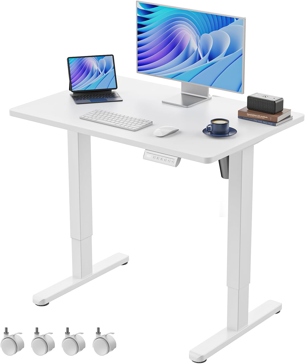 HUANUO Electric Small Standing Desk, 35" x 24" Whole Piece Desktop, Adjustable Height Computer Desk, 4 Height Memory Settings, Sit Stand Up Desk for Home Office, White - Light Vintage