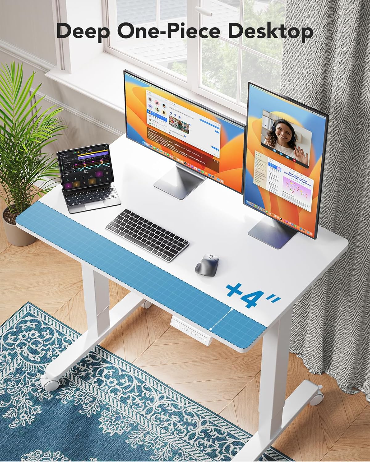 HUANUO Electric Small Standing Desk, 35" x 24" Whole Piece Desktop, Adjustable Height Computer Desk, 4 Height Memory Settings, Sit Stand Up Desk for Home Office, White - Light Vintage