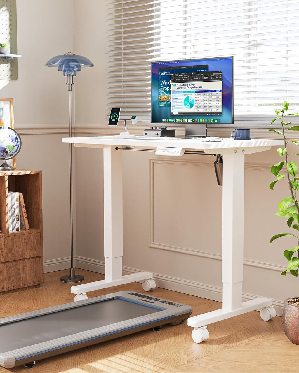 HUANUO Electric Small Standing Desk, 35" x 24" Whole Piece Desktop, Adjustable Height Computer Desk, 4 Height Memory Settings, Sit Stand Up Desk for Home Office, White - Light Vintage