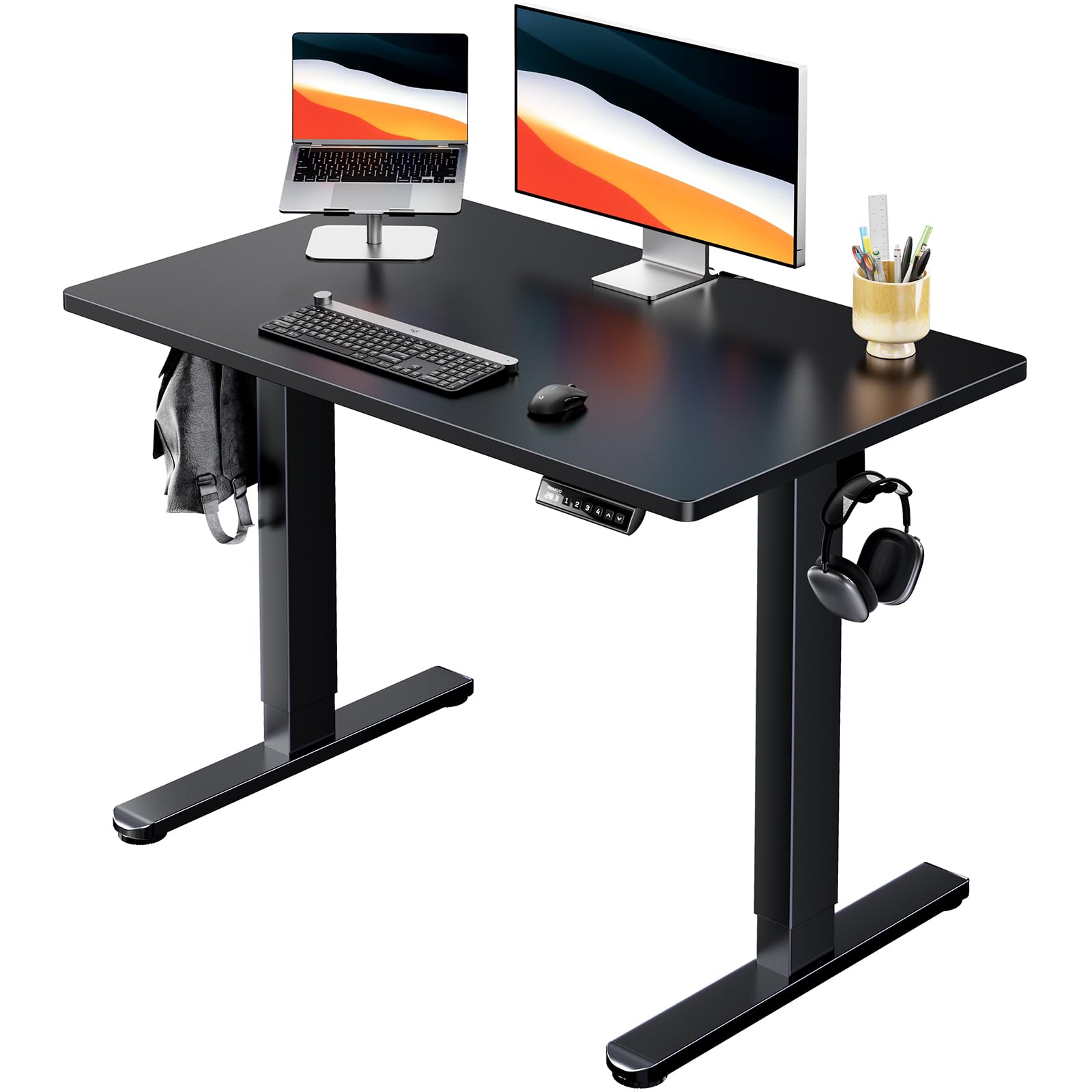 HUANUO Electric Small Standing Desk, 35" x 24" Whole Piece Desktop, Adjustable Height Computer Desk, 4 Height Memory Settings, Sit Stand Up Desk for Home Office, White - White