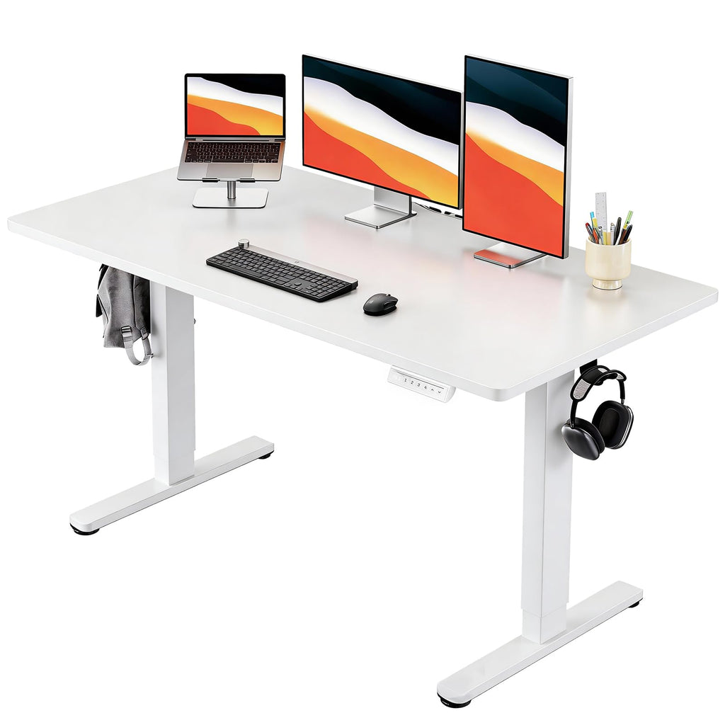 HUANUO Electric Small Standing Desk, 35" x 24" Whole Piece Desktop, Adjustable Height Computer Desk, 4 Height Memory Settings, Sit Stand Up Desk for Home Office, White - Light Vintage
