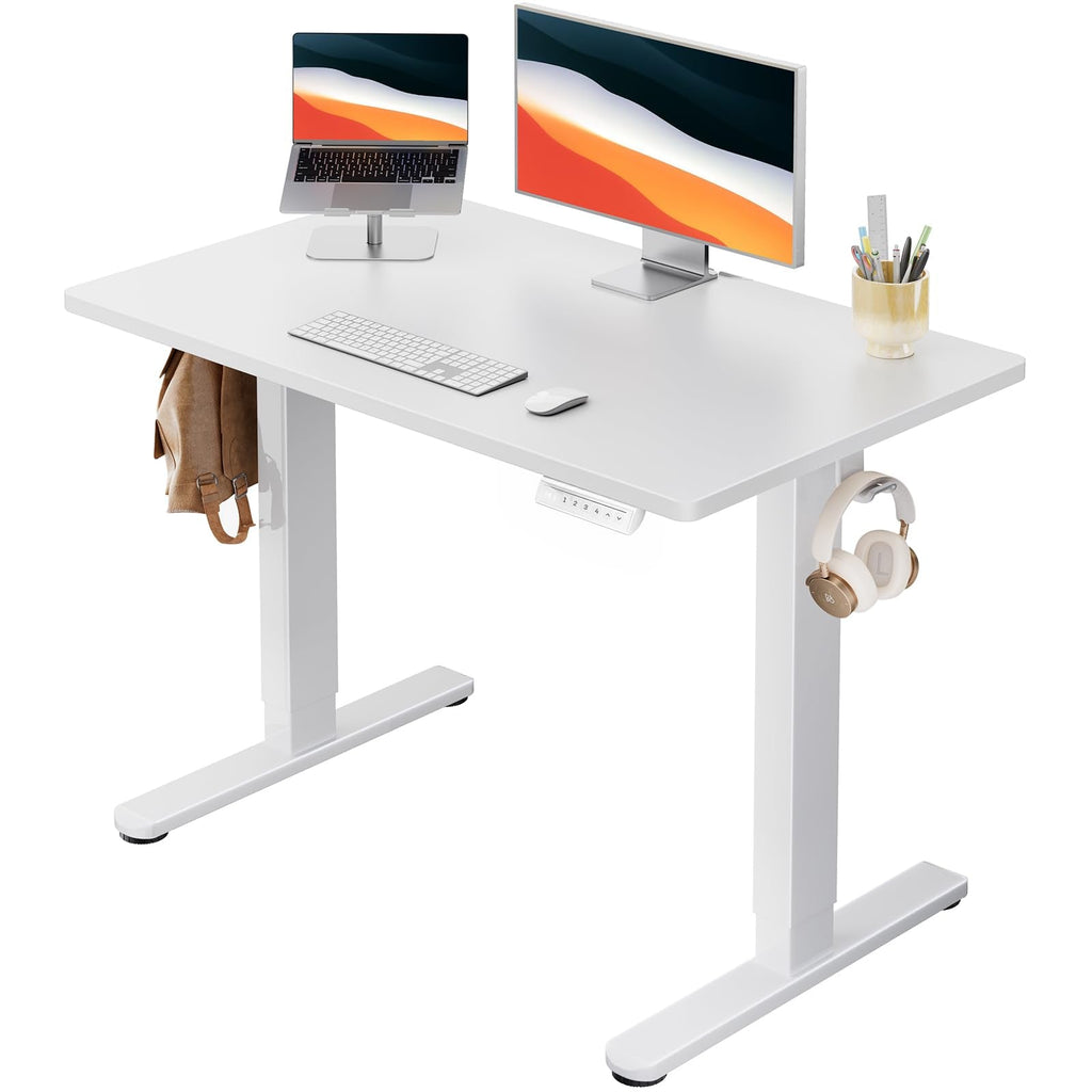 HUANUO Electric Small Standing Desk, 35" x 24" Whole Piece Desktop, Adjustable Height Computer Desk, 4 Height Memory Settings, Sit Stand Up Desk for Home Office, White - Black