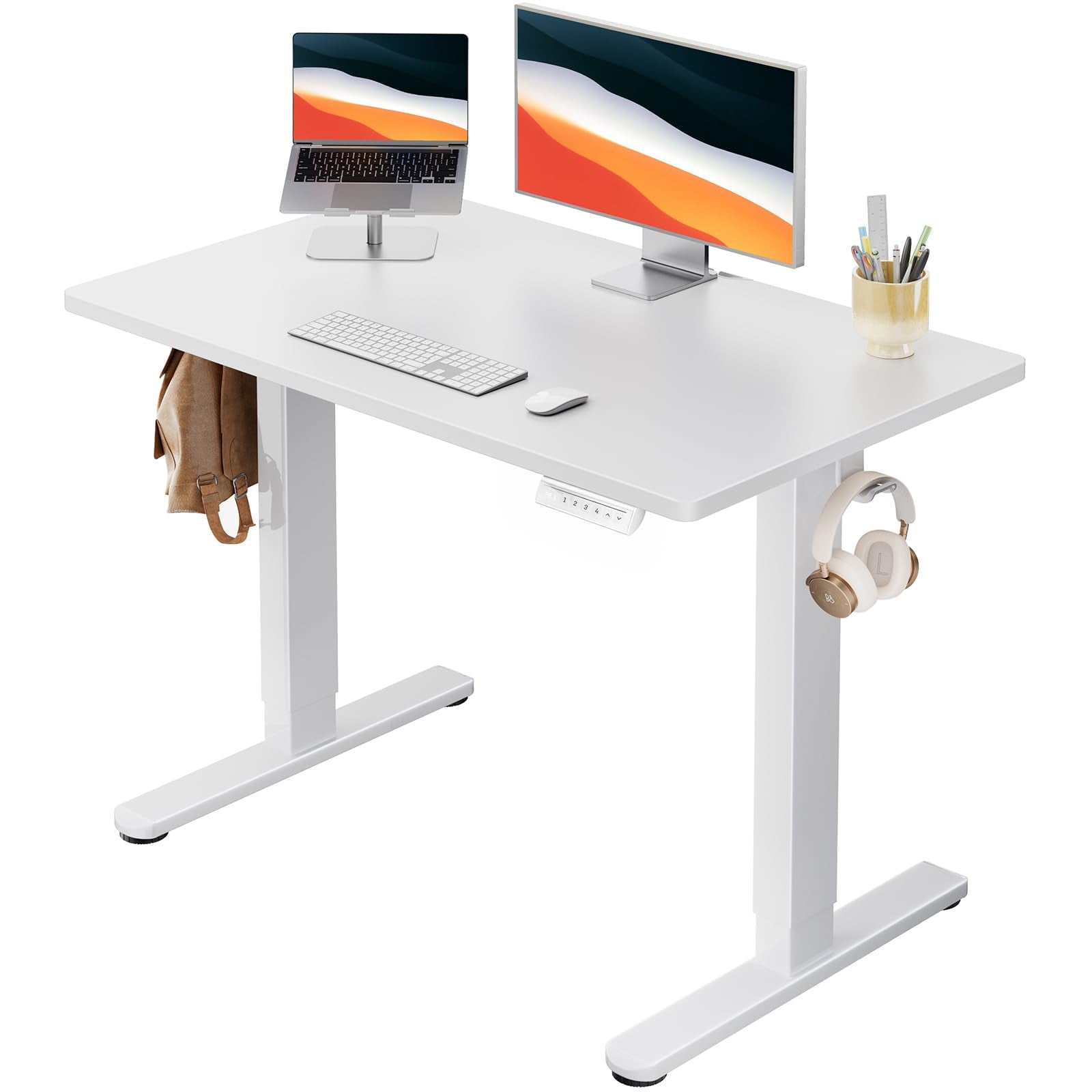 HUANUO Electric Small Standing Desk, 35" x 24" Whole Piece Desktop, Adjustable Height Computer Desk, 4 Height Memory Settings, Sit Stand Up Desk for Home Office, White - Black