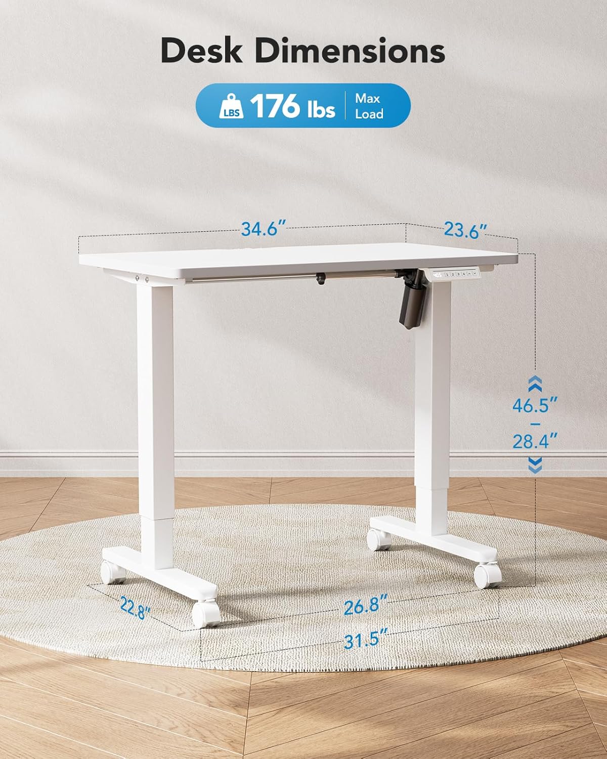 HUANUO Electric Small Standing Desk, 35" x 24" Whole Piece Desktop, Adjustable Height Computer Desk, 4 Height Memory Settings, Sit Stand Up Desk for Home Office, White - Light Vintage