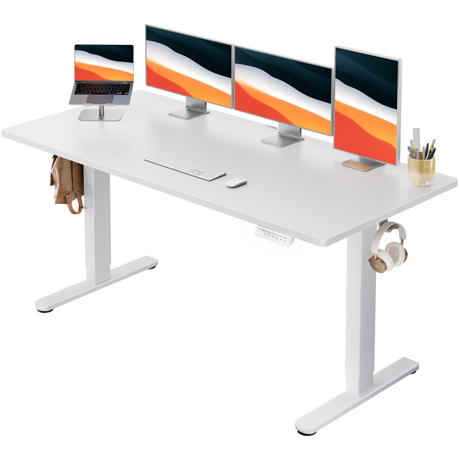 HUANUO Electric Small Standing Desk, 35" x 24" Whole Piece Desktop, Adjustable Height Computer Desk, 4 Height Memory Settings, Sit Stand Up Desk for Home Office, White - White