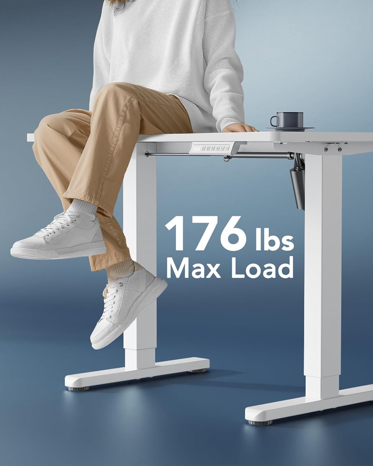 HUANUO Electric Small Standing Desk, 35" x 24" Whole Piece Desktop, Adjustable Height Computer Desk, 4 Height Memory Settings, Sit Stand Up Desk for Home Office, White - Light Vintage
