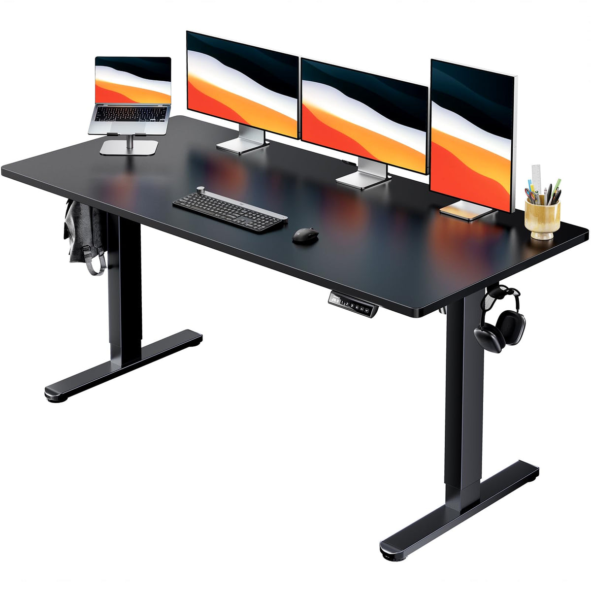 HUANUO Electric Small Standing Desk, 35" x 24" Whole Piece Desktop, Adjustable Height Computer Desk, 4 Height Memory Settings, Sit Stand Up Desk for Home Office, White - Black