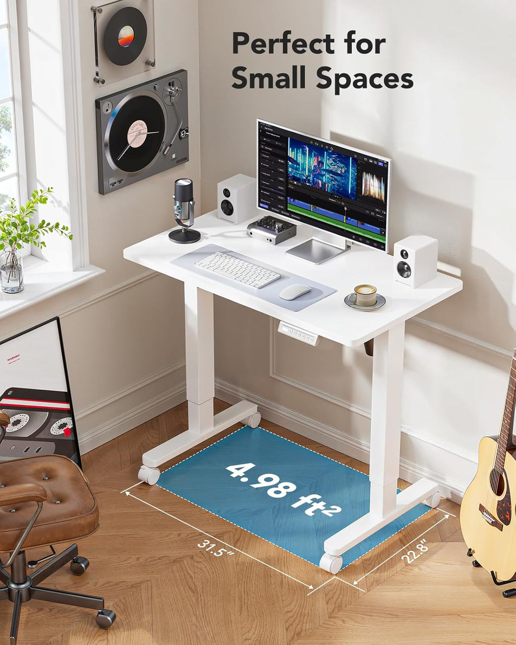 HUANUO Electric Small Standing Desk, 35" x 24" Whole Piece Desktop, Adjustable Height Computer Desk, 4 Height Memory Settings, Sit Stand Up Desk for Home Office, White - Light Vintage