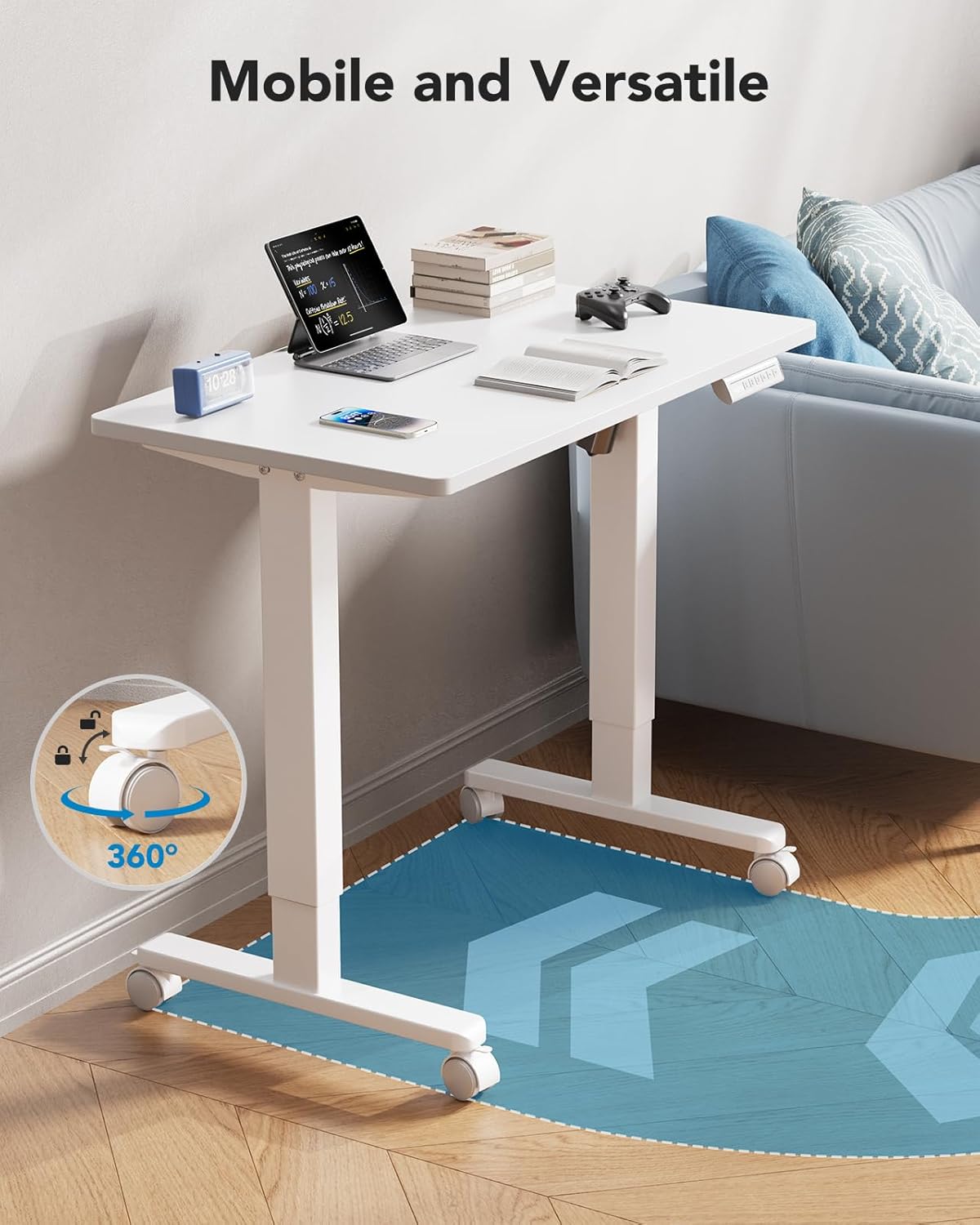 HUANUO Electric Small Standing Desk, 35" x 24" Whole Piece Desktop, Adjustable Height Computer Desk, 4 Height Memory Settings, Sit Stand Up Desk for Home Office, White - Light Vintage