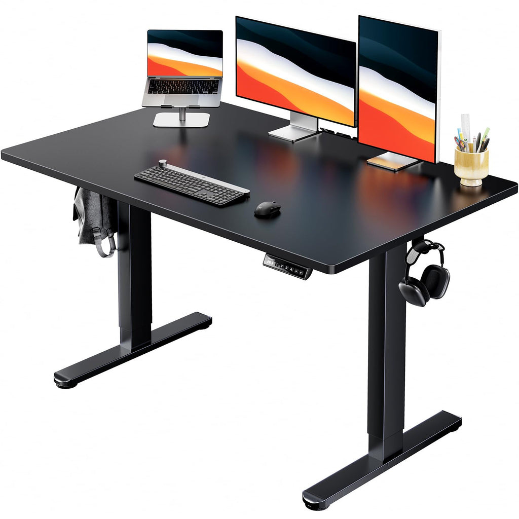HUANUO Electric Small Standing Desk, 35" x 24" Whole Piece Desktop, Adjustable Height Computer Desk, 4 Height Memory Settings, Sit Stand Up Desk for Home Office, White - Light Vintage