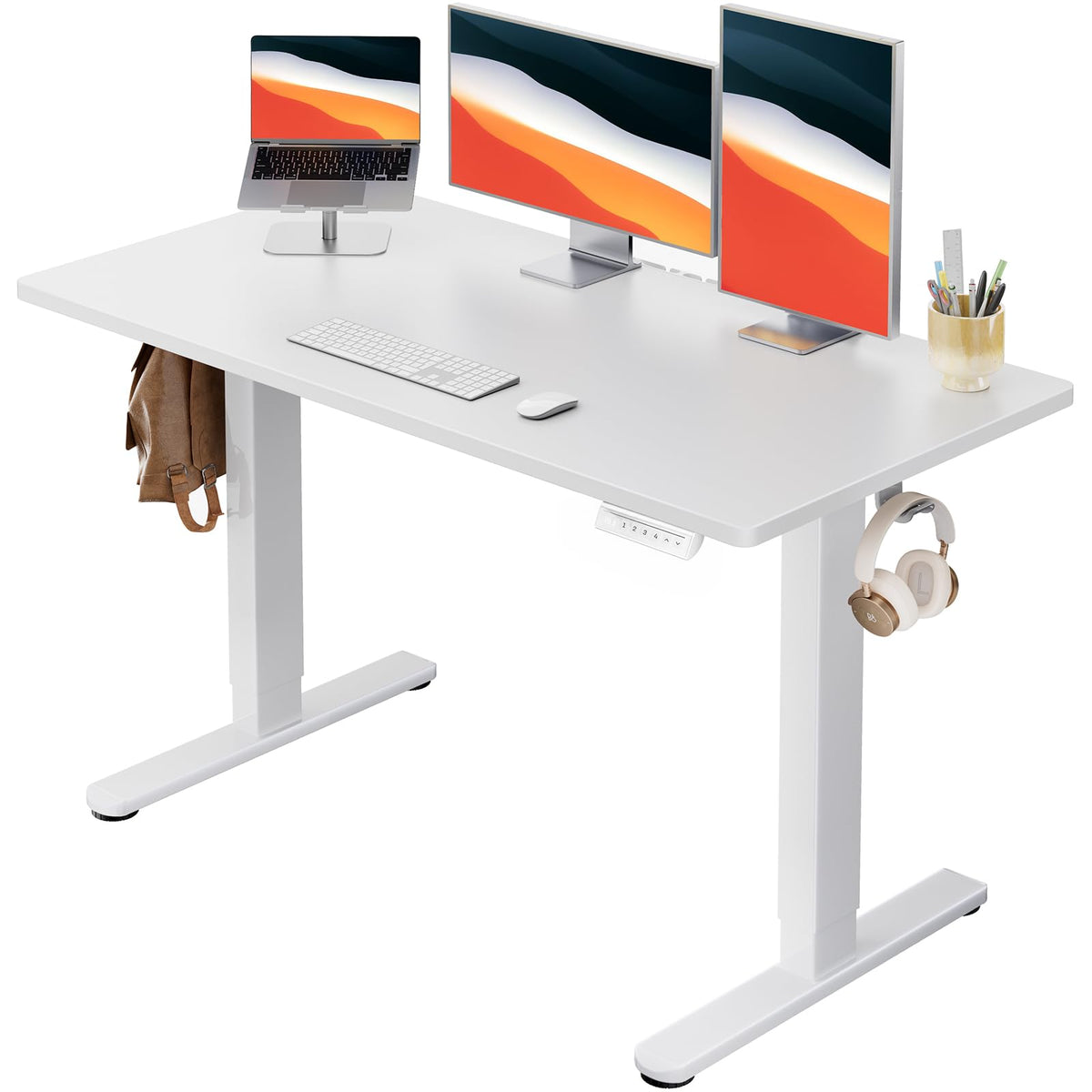 HUANUO Electric Small Standing Desk, 35" x 24" Whole Piece Desktop, Adjustable Height Computer Desk, 4 Height Memory Settings, Sit Stand Up Desk for Home Office, White - White