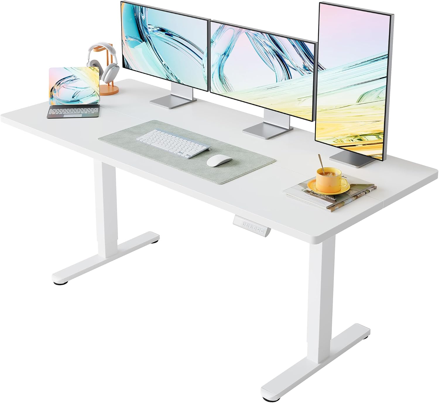 HUANUO Electric Standing Desk Adjustable Height, 4 Memory Height Settings, Sit Stand Up Desk for Home Office & Computer Workstation, White -