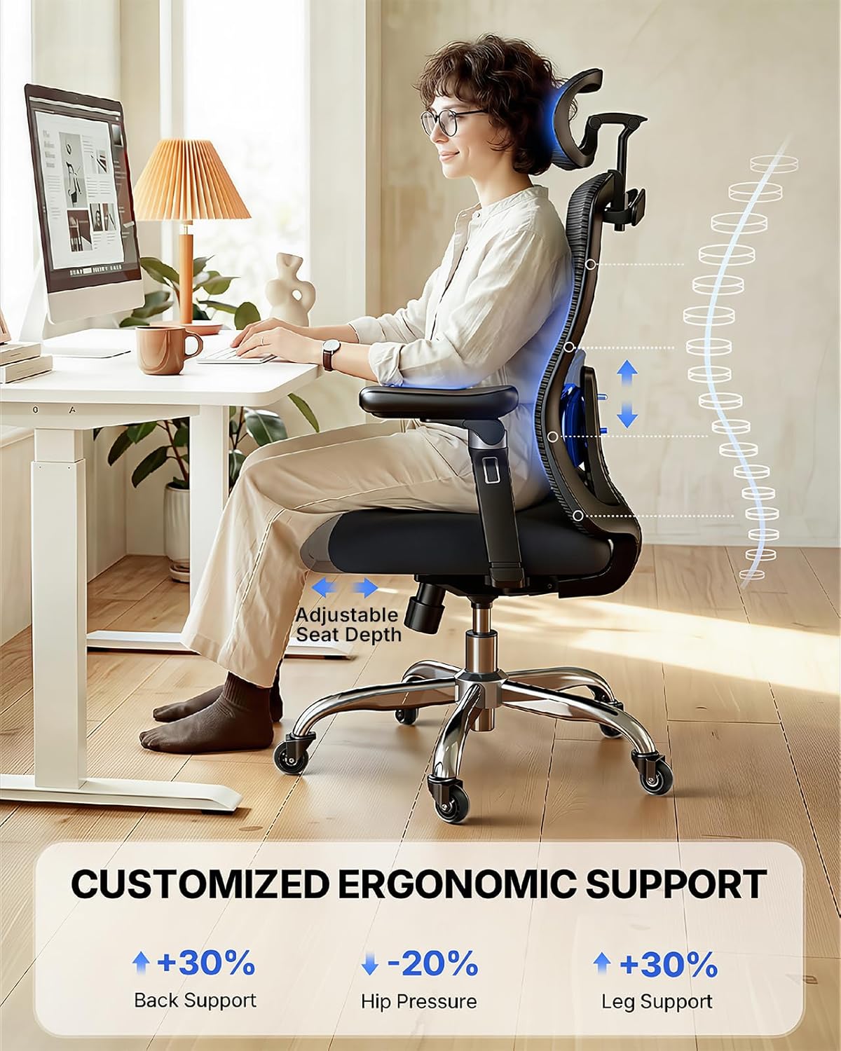 HUANUO Ergonomic Office Chair with 6D Armrest, Seat Depth Adjustment, Lumbar Support, Quiet Rubber Caster, High Back Mesh Gaming Chair with 3D Headrest, Big and Tall Desk Chair for Home Office, Black - 