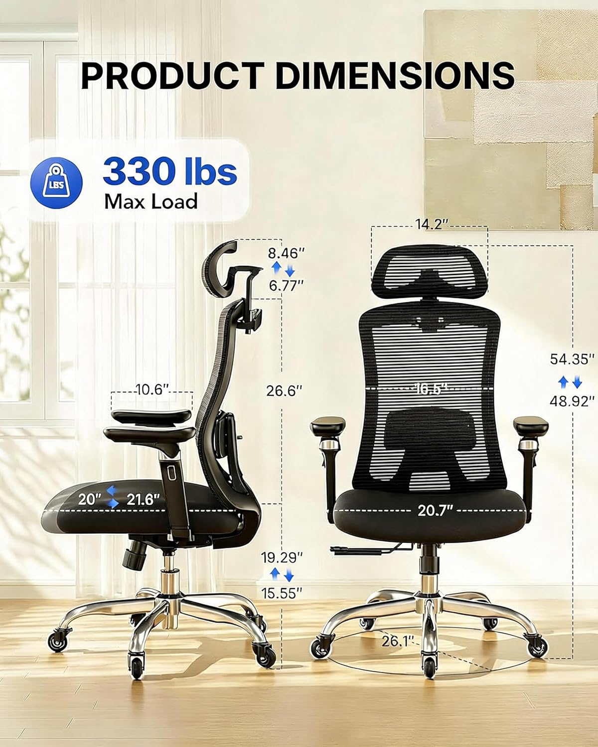 HUANUO Ergonomic Office Chair with 6D Armrest, Seat Depth Adjustment, Lumbar Support, Quiet Rubber Caster, High Back Mesh Gaming Chair with 3D Headrest, Big and Tall Desk Chair for Home Office, Black - 