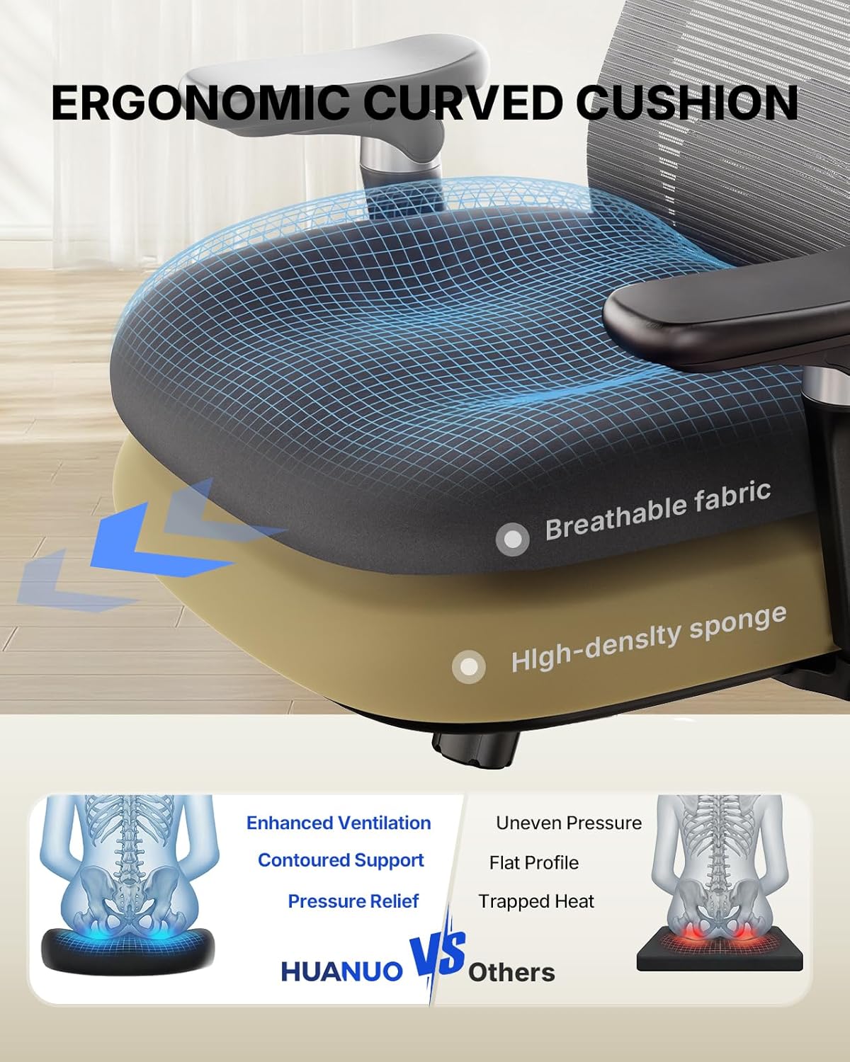 HUANUO Ergonomic Office Chair with 6D Armrest, Seat Depth Adjustment, Lumbar Support, Quiet Rubber Caster, High Back Mesh Gaming Chair with 3D Headrest, Big and Tall Desk Chair for Home Office, Black - 