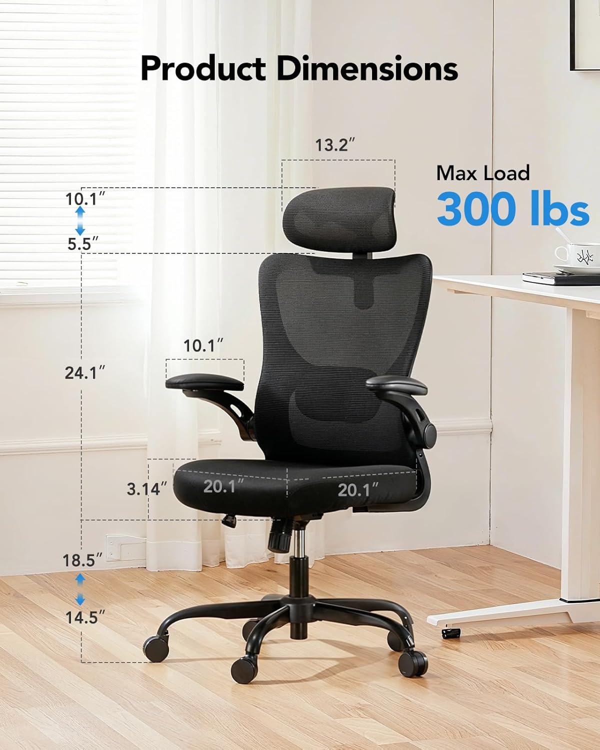 HUANUO Ergonomischer Bürostuhl, Ergonomisch Schreibtischstuhl mit Verstellbarer Lendenwirbel - und Kopfstütze, komfortabler Gaming Stuhl mit 3D - Armlehnen, Homeoffice - Büro Stuhl, maximale Last 136kg - 