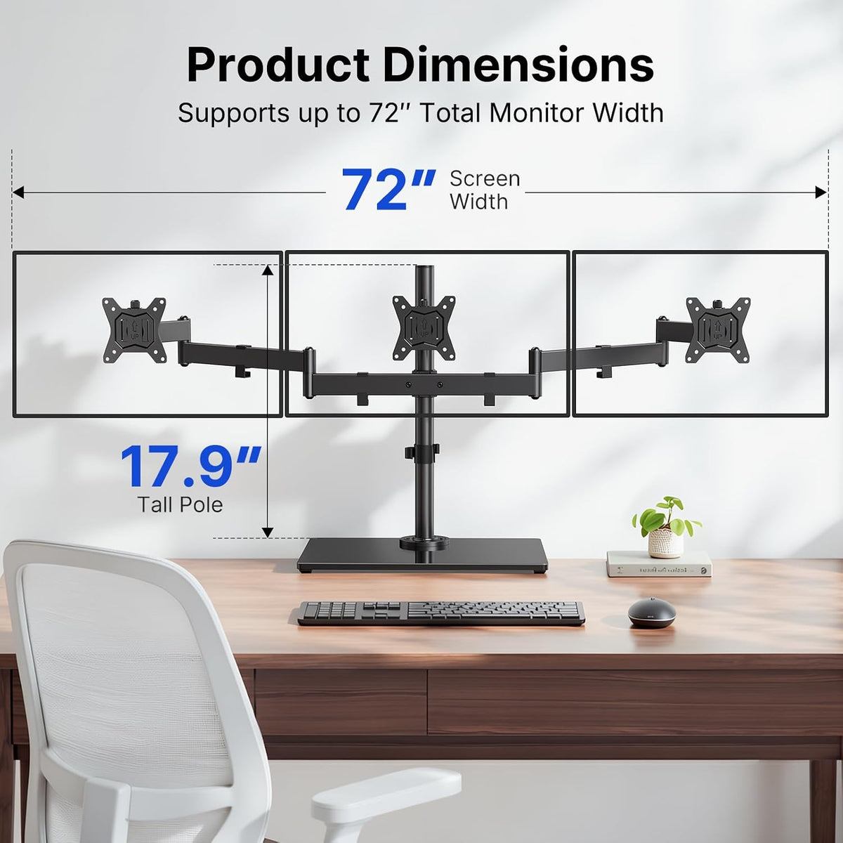 HUANUO Free Standing Triple Monitor Mount for 13-27 Inch Screens | Larger Tempered-Glass Base, Heavy Duty Thicker Steel, Tilt, Swivel, Rotation, Holds up to 22 lbs, VESA 75x75/ 100x100mm -