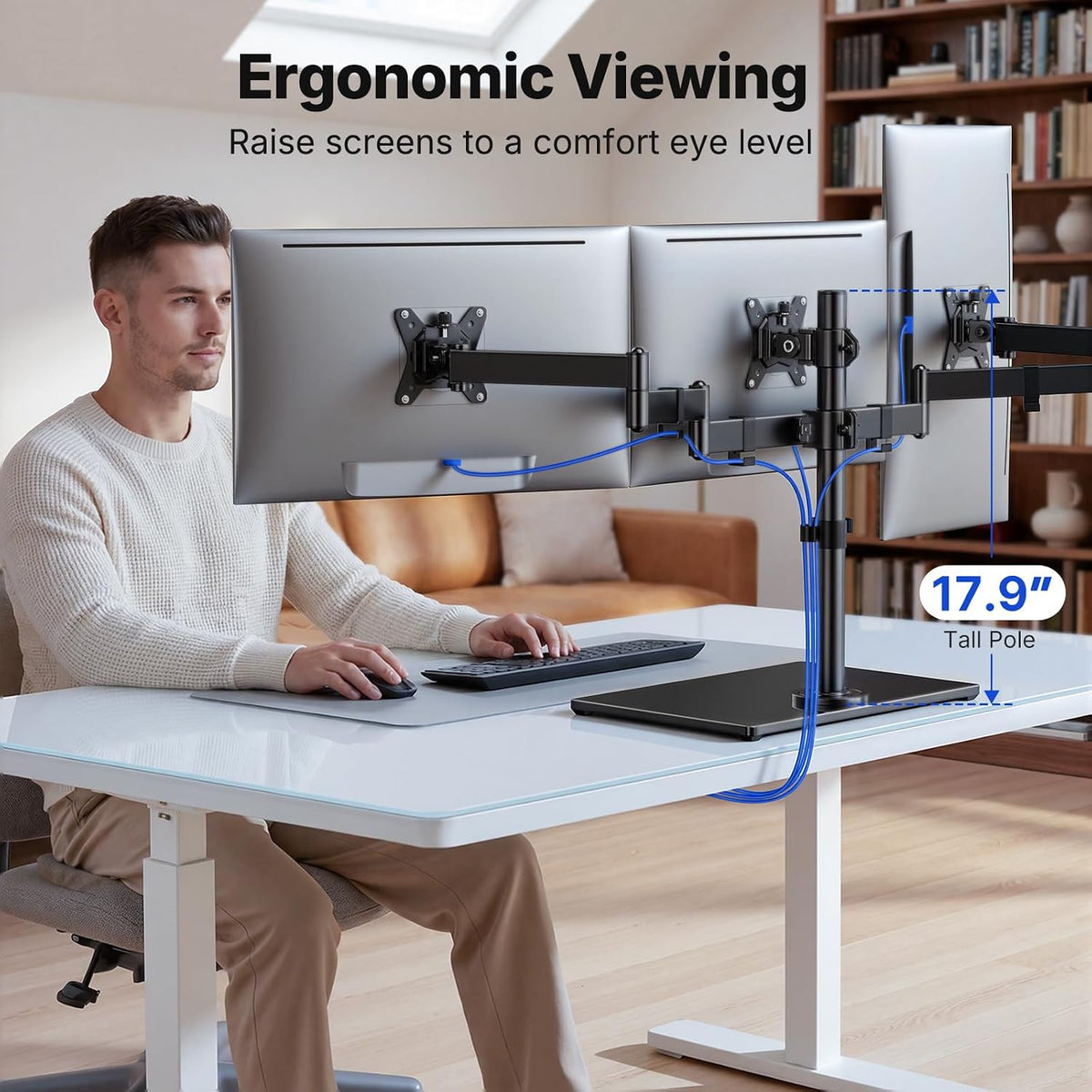 HUANUO Free Standing Triple Monitor Mount for 13-27 Inch Screens | Larger Tempered-Glass Base, Heavy Duty Thicker Steel, Tilt, Swivel, Rotation, Holds up to 22 lbs, VESA 75x75/ 100x100mm -