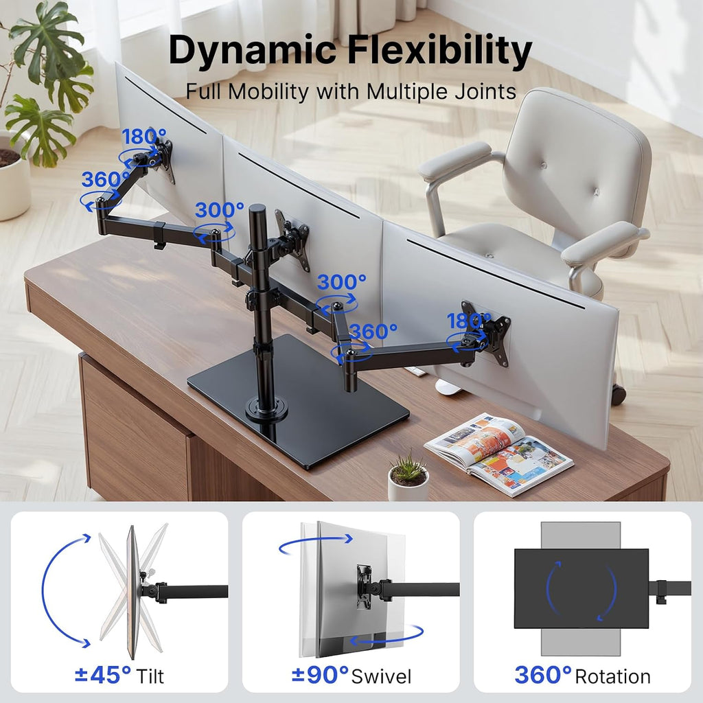 HUANUO Free Standing Triple Monitor Mount for 13-27 Inch Screens | Larger Tempered-Glass Base, Heavy Duty Thicker Steel, Tilt, Swivel, Rotation, Holds up to 22 lbs, VESA 75x75/ 100x100mm -