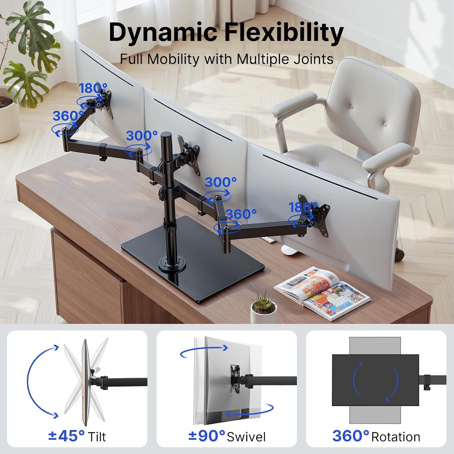 HUANUO Free Standing Triple Monitor Mount for 13-27 Inch Screens | Larger Tempered-Glass Base, Heavy Duty Thicker Steel, Tilt, Swivel, Rotation, Holds up to 22 lbs, VESA 75x75/ 100x100mm -
