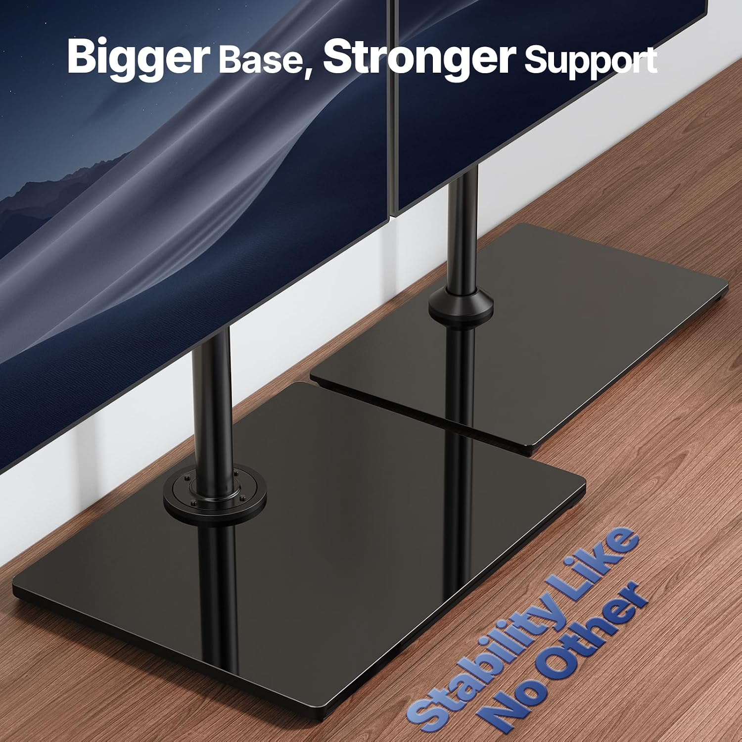 HUANUO Free Standing Triple Monitor Mount for 13-27 Inch Screens | Larger Tempered-Glass Base, Heavy Duty Thicker Steel, Tilt, Swivel, Rotation, Holds up to 22 lbs, VESA 75x75/ 100x100mm -