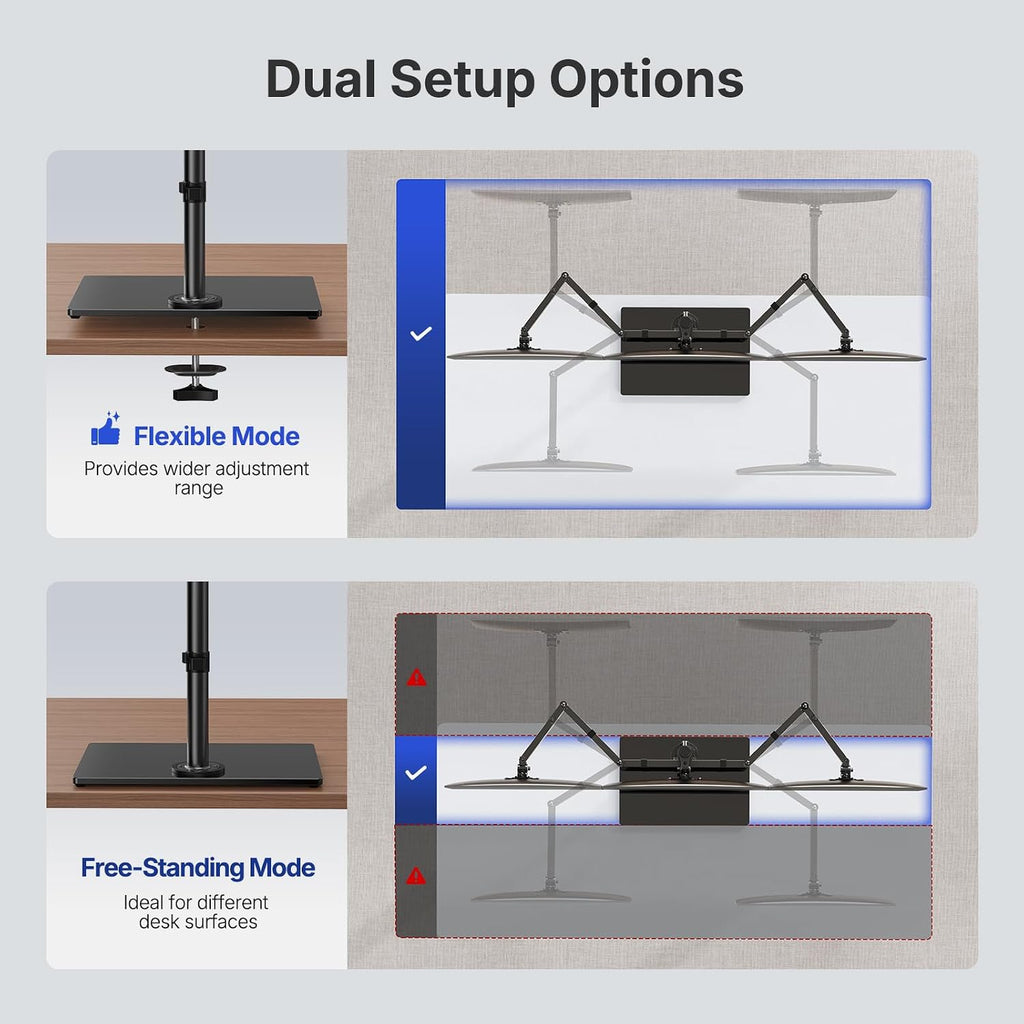 HUANUO Free Standing Triple Monitor Mount for 13-27 Inch Screens | Larger Tempered-Glass Base, Heavy Duty Thicker Steel, Tilt, Swivel, Rotation, Holds up to 22 lbs, VESA 75x75/ 100x100mm -