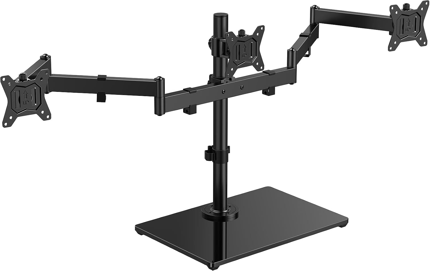 HUANUO Free Standing Triple Monitor Mount for 13-27 Inch Screens | Larger Tempered-Glass Base, Heavy Duty Thicker Steel, Tilt, Swivel, Rotation, Holds up to 22 lbs, VESA 75x75/ 100x100mm -