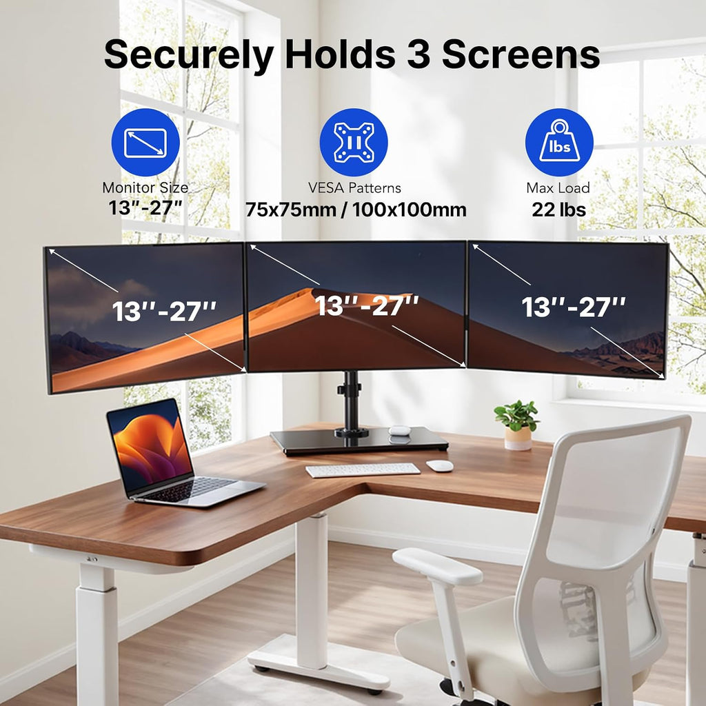 HUANUO Free Standing Triple Monitor Mount for 13-27 Inch Screens | Larger Tempered-Glass Base, Heavy Duty Thicker Steel, Tilt, Swivel, Rotation, Holds up to 22 lbs, VESA 75x75/ 100x100mm -