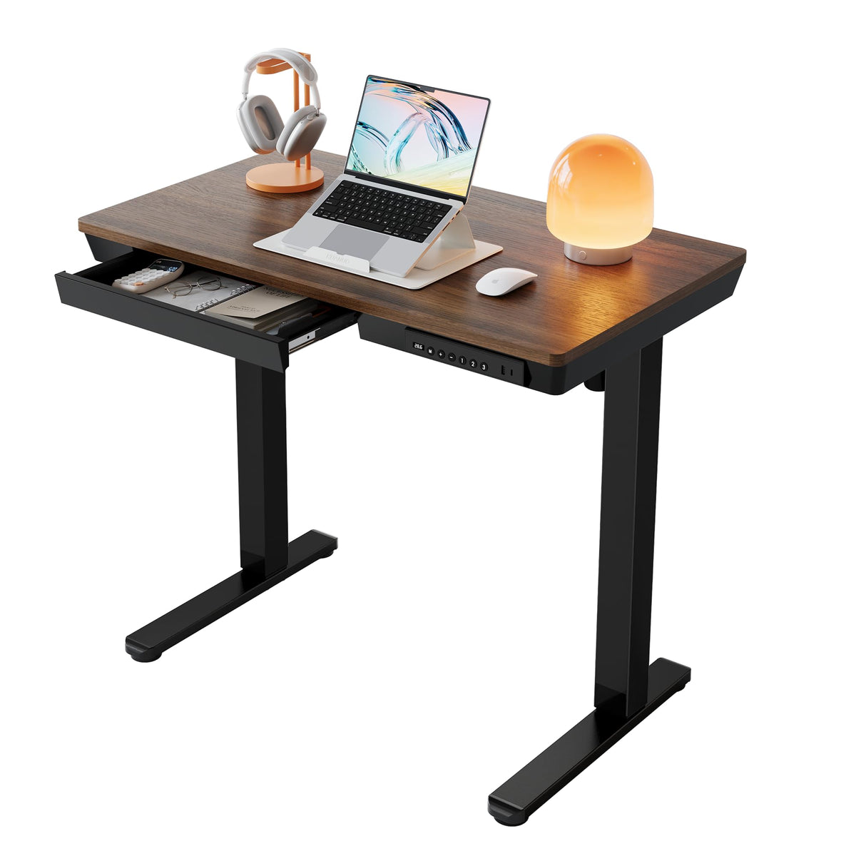 HUANUO Glass Standing Desk with Drawers, 35 X 20 Inch Electric Adjustable Height Desk, Quick Install One-Piece Tabletop with USB Charging Ports, White - 35*20 Inch