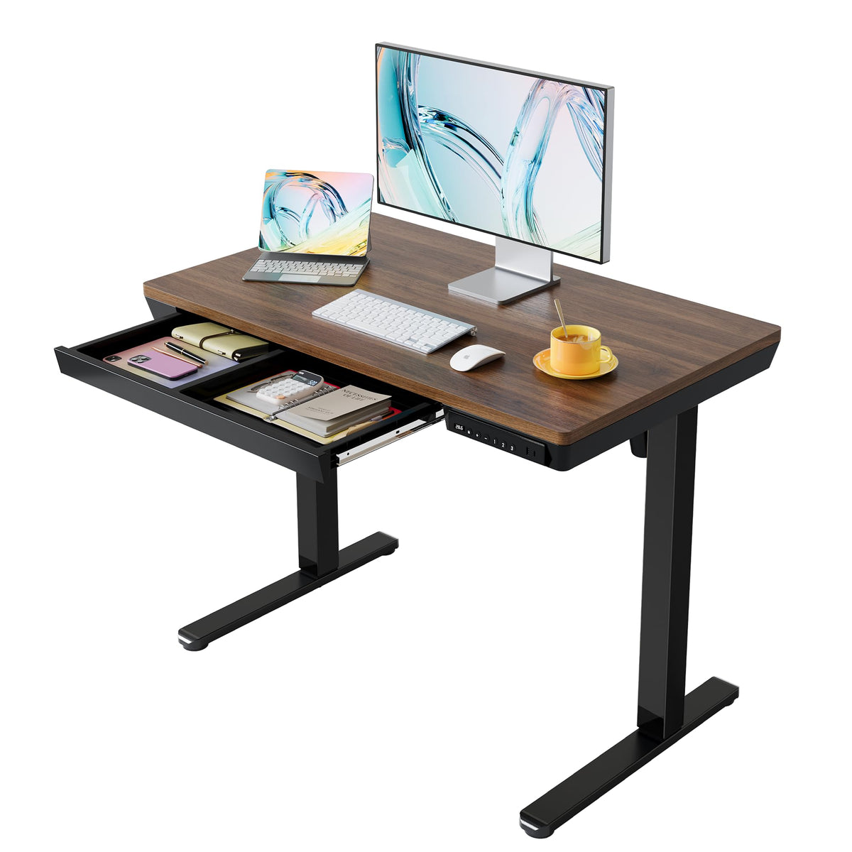 HUANUO Glass Standing Desk with Drawers, 35 X 20 Inch Electric Adjustable Height Desk, Quick Install One-Piece Tabletop with USB Charging Ports, White - 40*24 Inch