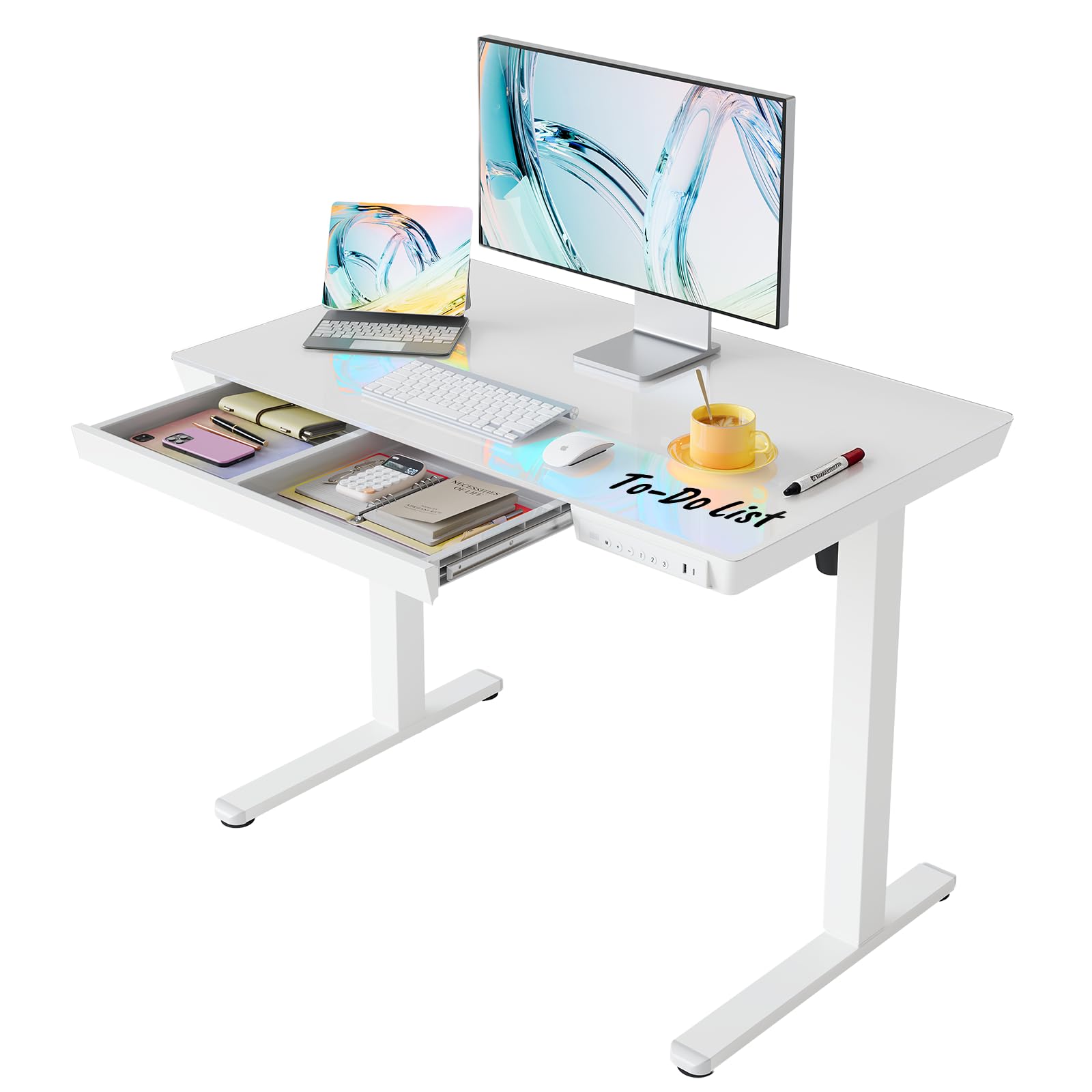 HUANUO Glass Standing Desk with Drawers, 35 X 20 Inch Electric Adjustable Height Desk, Quick Install One-Piece Tabletop with USB Charging Ports, White - 40*24 Inch
