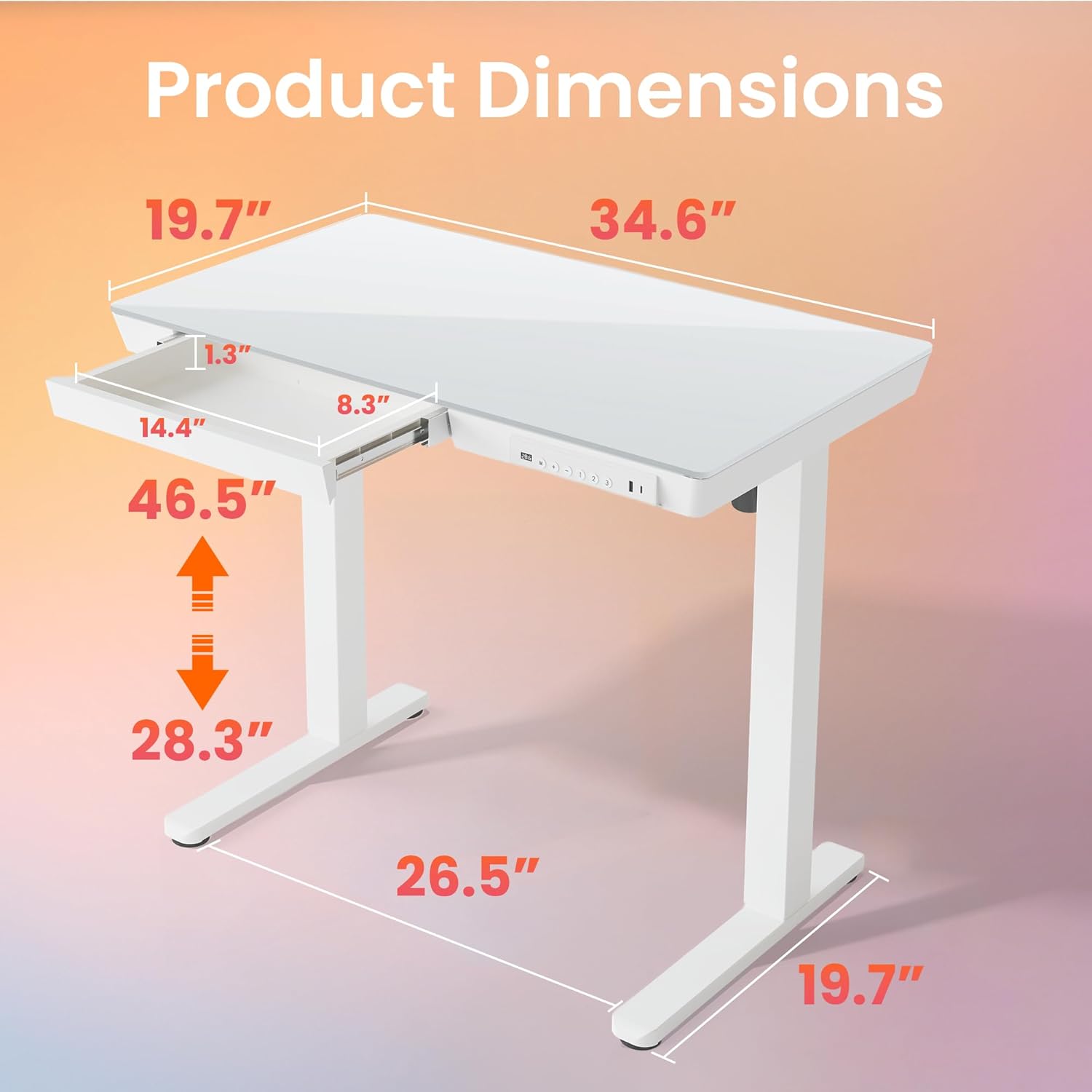 HUANUO Glass Standing Desk with Drawers, 35 X 20 Inch Electric Adjustable Height Desk, Quick Install One-Piece Tabletop with USB Charging Ports, White - 48*24 Inch