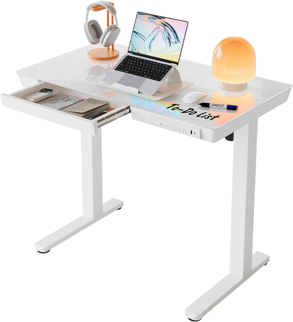 HUANUO Glass Standing Desk with Drawers, 35 X 20 Inch Electric Adjustable Height Desk, Quick Install One-Piece Tabletop with USB Charging Ports, White - 48*24 Inch