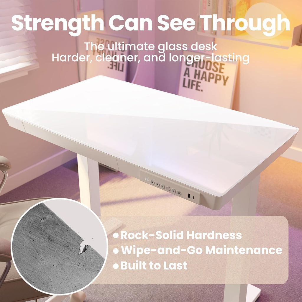 HUANUO Glass Standing Desk with Drawers, 35 X 20 Inch Electric Adjustable Height Desk, Quick Install One-Piece Tabletop with USB Charging Ports, White - 48*24 Inch