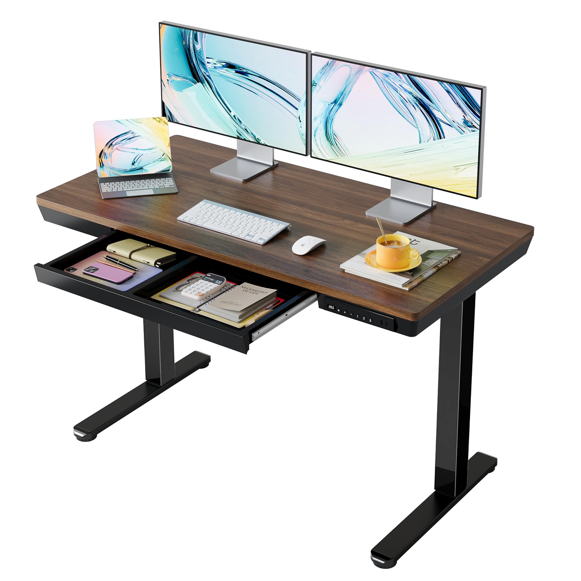 HUANUO Glass Standing Desk with Drawers, 35 X 20 Inch Electric Adjustable Height Desk, Quick Install One-Piece Tabletop with USB Charging Ports, White - 48*24 Inch