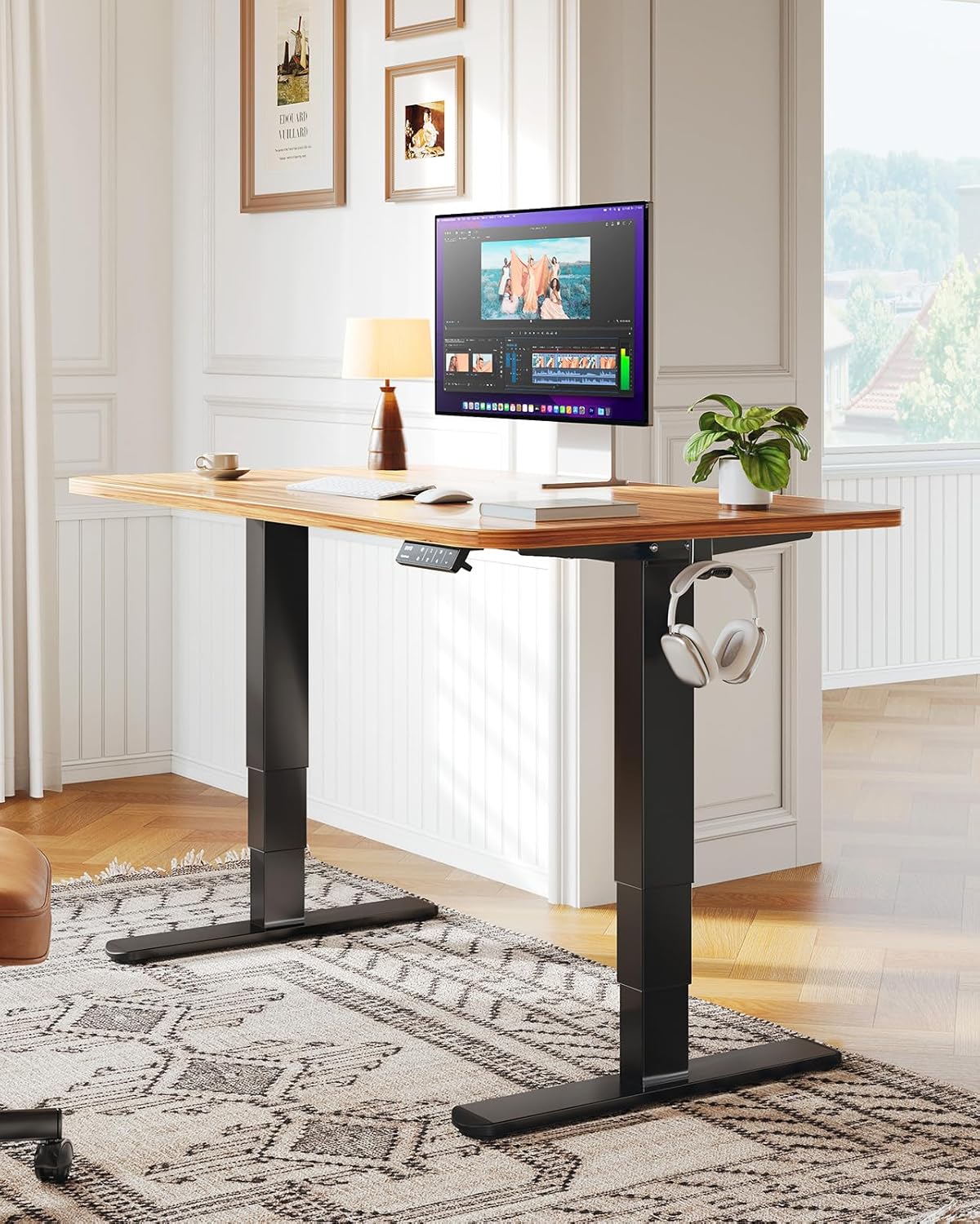 HUANUO Height Adjustable Electric Standing Desk Frame, 3 Stage Leg Dual Motors Sit Stand Desk Frame with Memory Controller for Home Office, for Max 75″ x 35″ Desktop, Frame Only, Black - 
