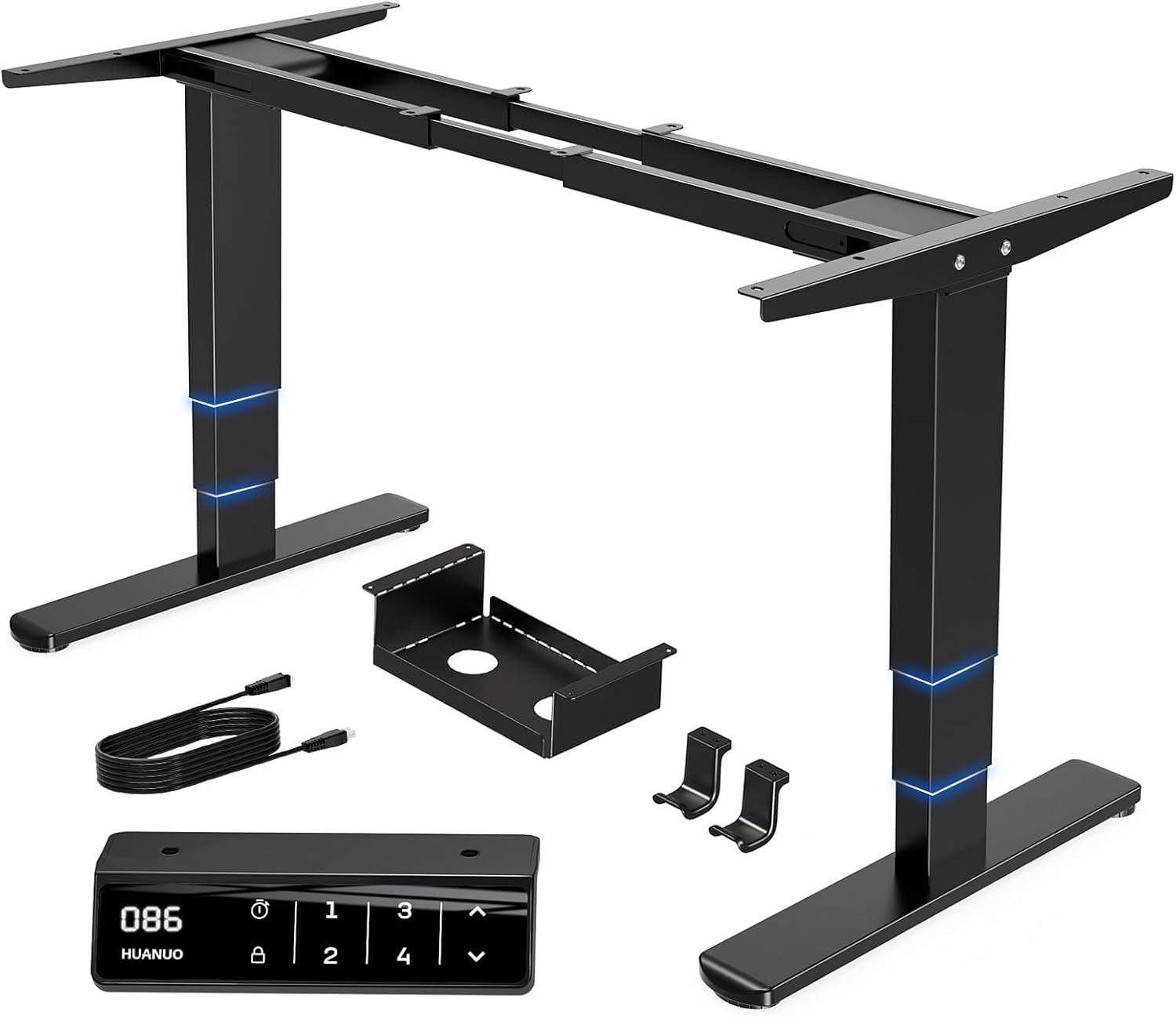 HUANUO Height Adjustable Electric Standing Desk Frame, 3 Stage Leg Dual Motors Sit Stand Desk Frame with Memory Controller for Home Office, for Max 75″ x 35″ Desktop, Frame Only, Black - 