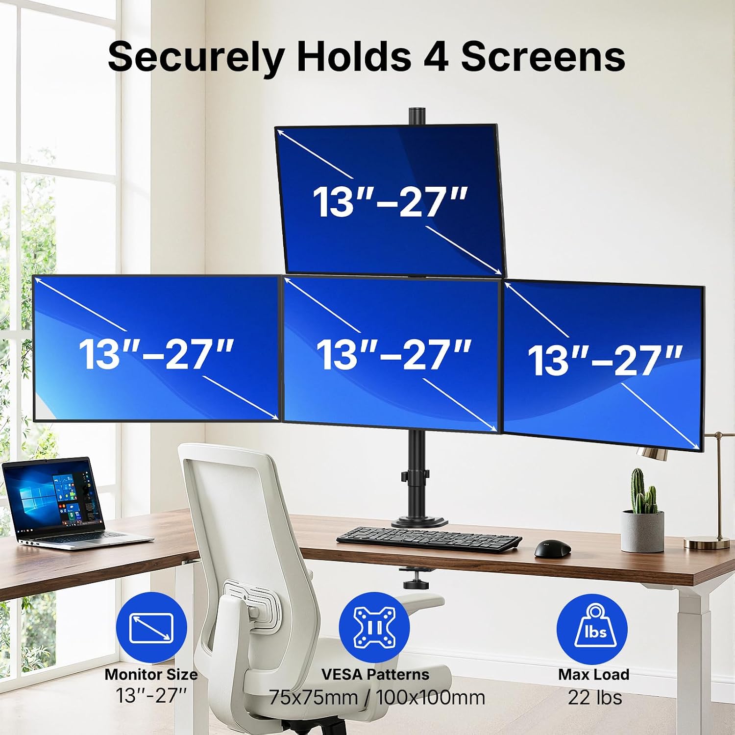 HUANUO Monitor Mount for 13-27 Inch Screens, Fully Adjustable Heavy Duty Monitor Desk Mount for 4 Screens with Swivel, Tilt, Rotation, Larger C-Clamp & Grommet Base, Each Arm Holds up to 22 lbs -