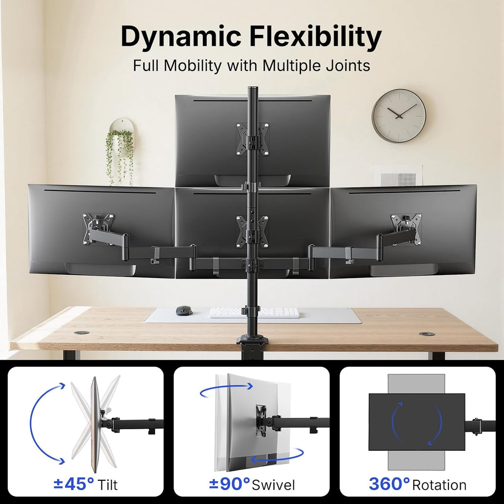 HUANUO Monitor Mount for 13-27 Inch Screens, Fully Adjustable Heavy Duty Monitor Desk Mount for 4 Screens with Swivel, Tilt, Rotation, Larger C-Clamp & Grommet Base, Each Arm Holds up to 22 lbs -