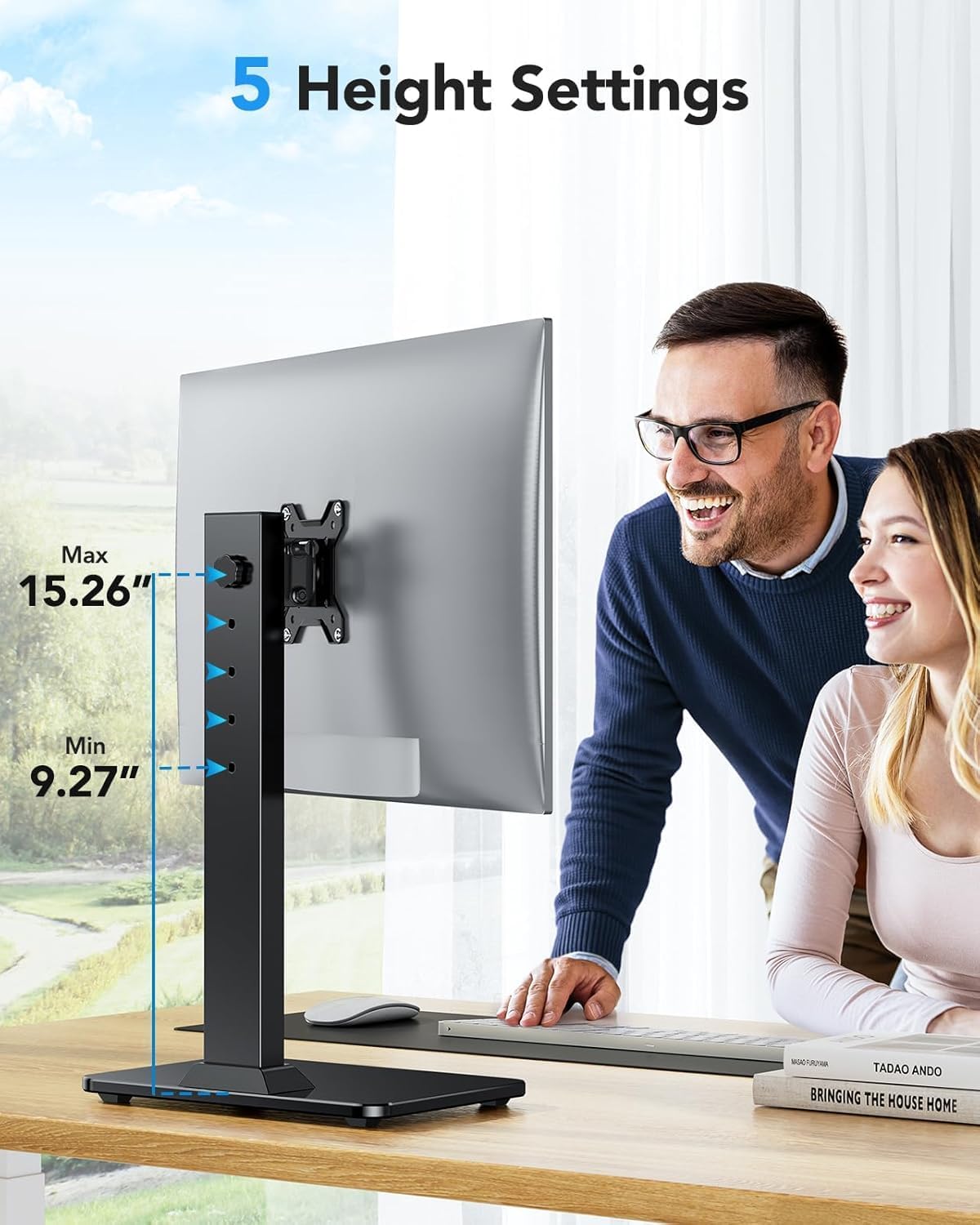 HUANUO Monitor Stand, Freestanding VESA Monitor Mount for 13″–34″ Screens up to 44 lbs, 5 Height Options, Swivel Desk Monitor Stand Riser with 360° Rotation, Tilt, 75x75mm/100x100mm VESA, HNTVS29 - 