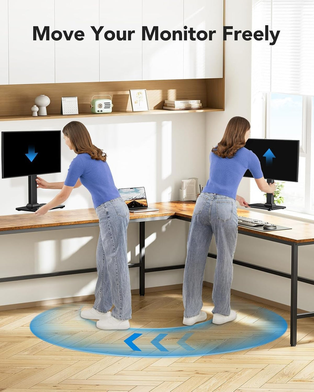HUANUO Monitor Stand, Freestanding VESA Monitor Mount for 13″–34″ Screens up to 44 lbs, 5 Height Options, Swivel Desk Monitor Stand Riser with 360° Rotation, Tilt, 75x75mm/100x100mm VESA, HNTVS29 - 