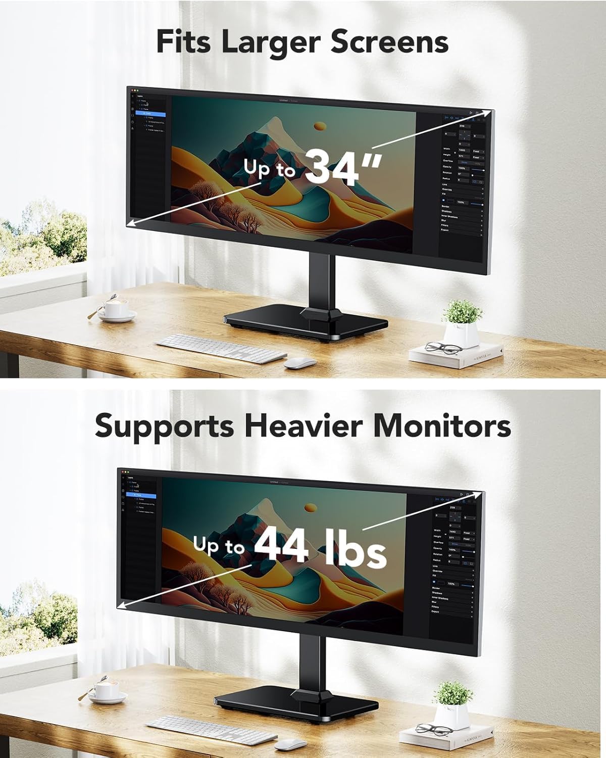 HUANUO Monitor Stand, Freestanding VESA Monitor Mount for 13″–34″ Screens up to 44 lbs, 5 Height Options, Swivel Desk Monitor Stand Riser with 360° Rotation, Tilt, 75x75mm/100x100mm VESA, HNTVS29 - 
