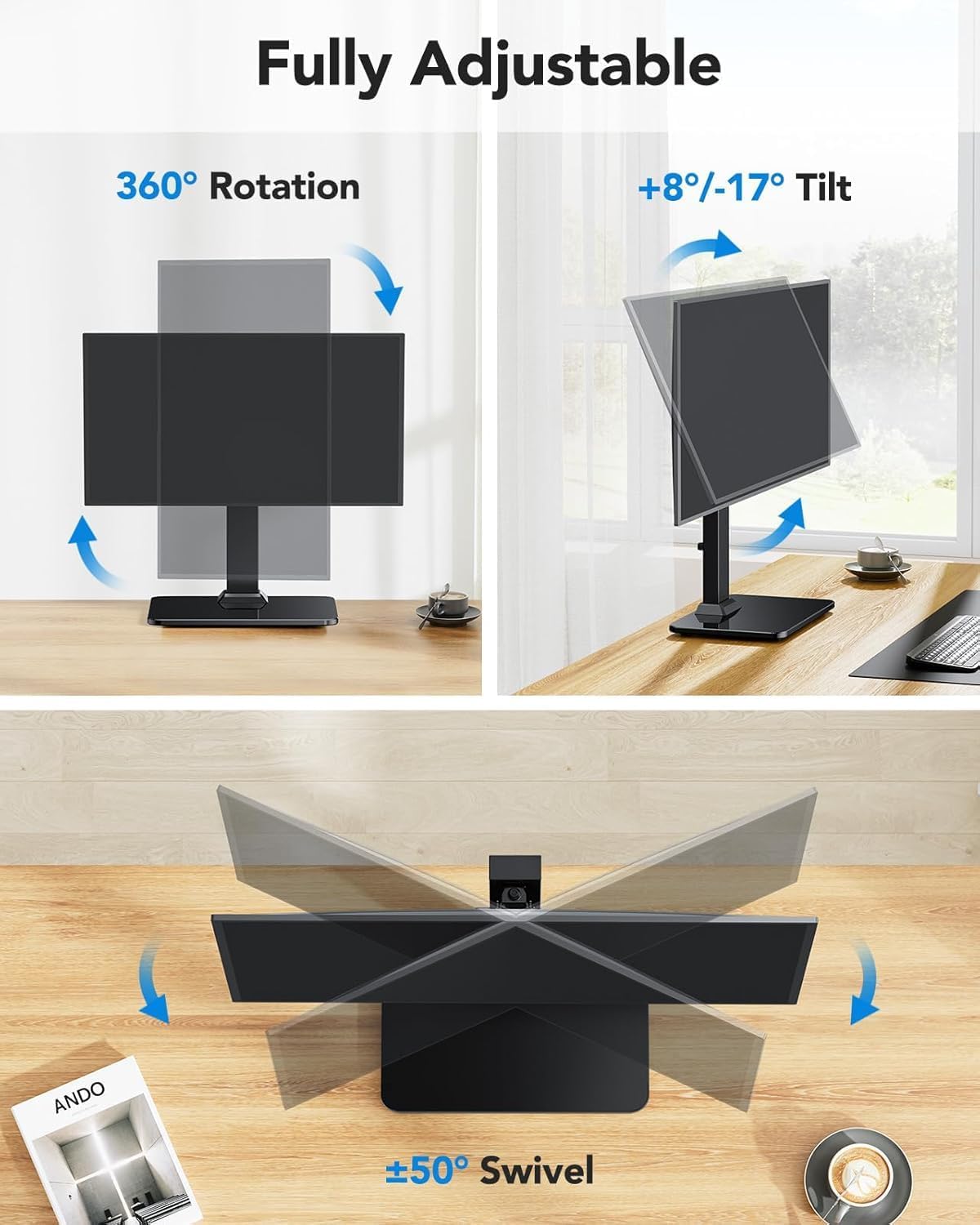 HUANUO Monitor Stand, Freestanding VESA Monitor Mount for 13″–34″ Screens up to 44 lbs, 5 Height Options, Swivel Desk Monitor Stand Riser with 360° Rotation, Tilt, 75x75mm/100x100mm VESA, HNTVS29 - 