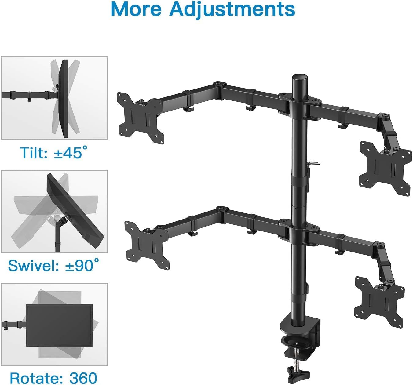 HUANUO Quad Computer Monitor Mount - Heavy Duty LCD Computer 4 Monitor Stand with Full Articulation, Fits Four Screens up to 27 Inches - Each Arm Holds up to 17.6lbs, VESA 75x75-100x100mm -