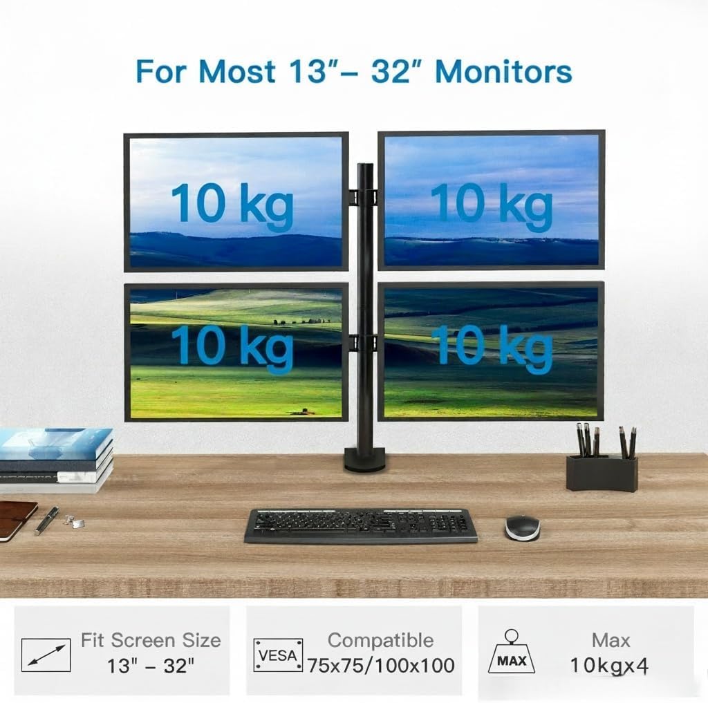HUANUO Quad Computer Monitor Mount - Heavy Duty LCD Computer 4 Monitor Stand with Full Articulation, Fits Four Screens up to 27 Inches - Each Arm Holds up to 17.6lbs, VESA 75x75-100x100mm -
