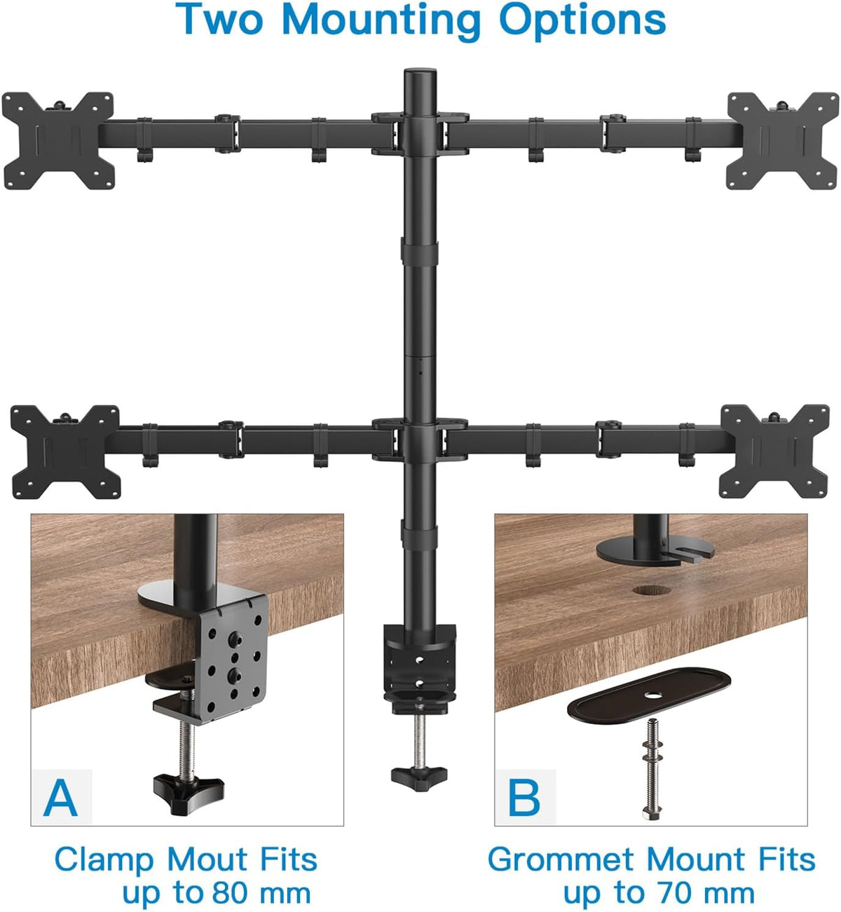HUANUO Quad Computer Monitor Mount - Heavy Duty LCD Computer 4 Monitor Stand with Full Articulation, Fits Four Screens up to 27 Inches - Each Arm Holds up to 17.6lbs, VESA 75x75-100x100mm -
