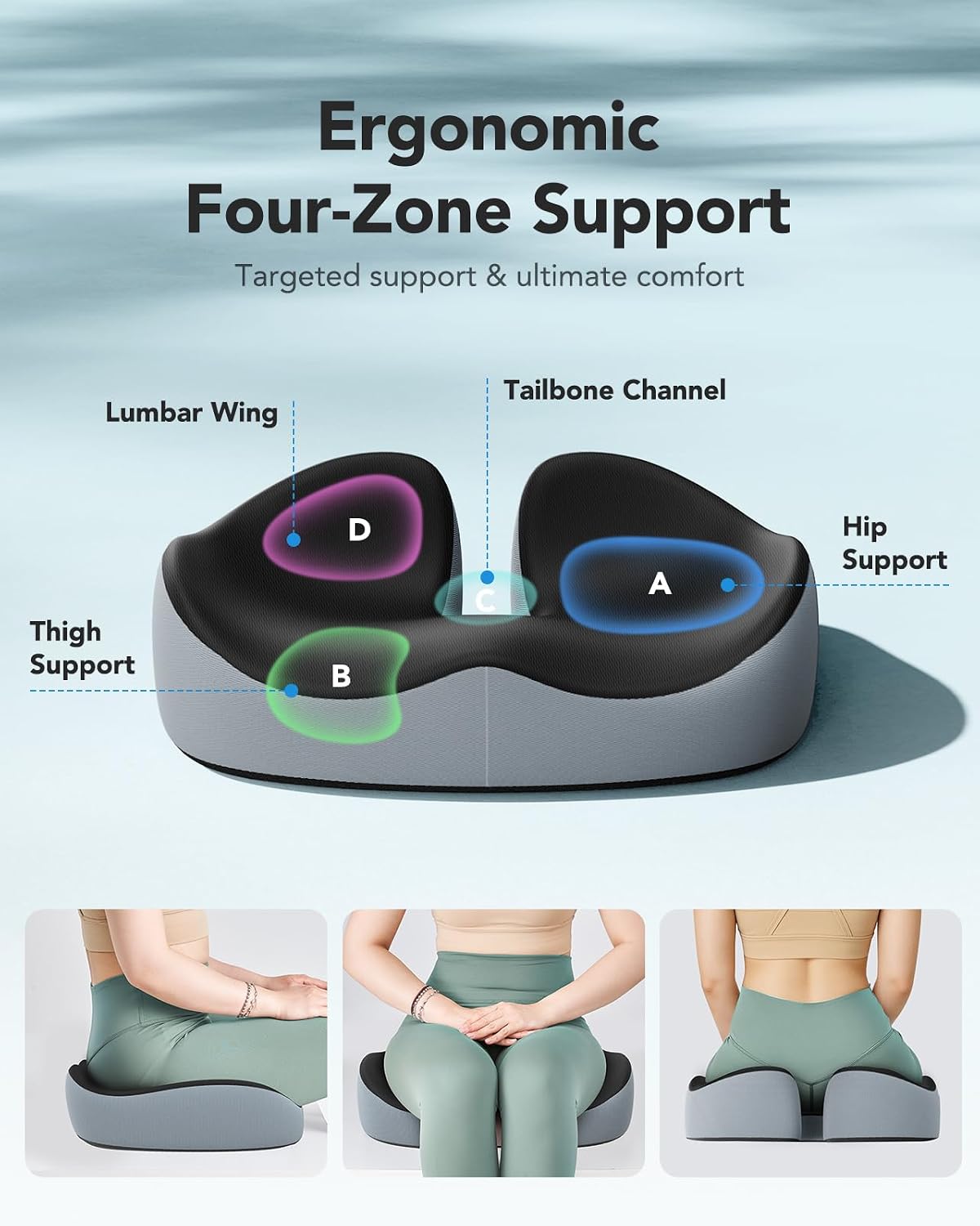 HUANUO Seat Cushion for Office Chair, Extra Large Memory Foam Cushion for Office Chair,Car & Wheelchair - Sciatica & Tailbone Pain Relief for Long Sitting, Ergonomic Design with Anti-Slip Bottom -