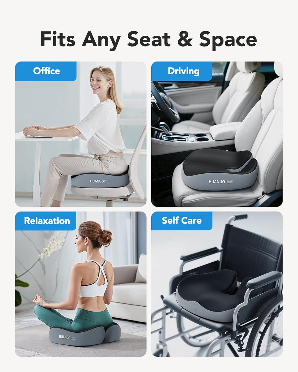 HUANUO Seat Cushion for Office Chair, Extra Large Memory Foam Cushion for Office Chair,Car & Wheelchair - Sciatica & Tailbone Pain Relief for Long Sitting, Ergonomic Design with Anti-Slip Bottom -