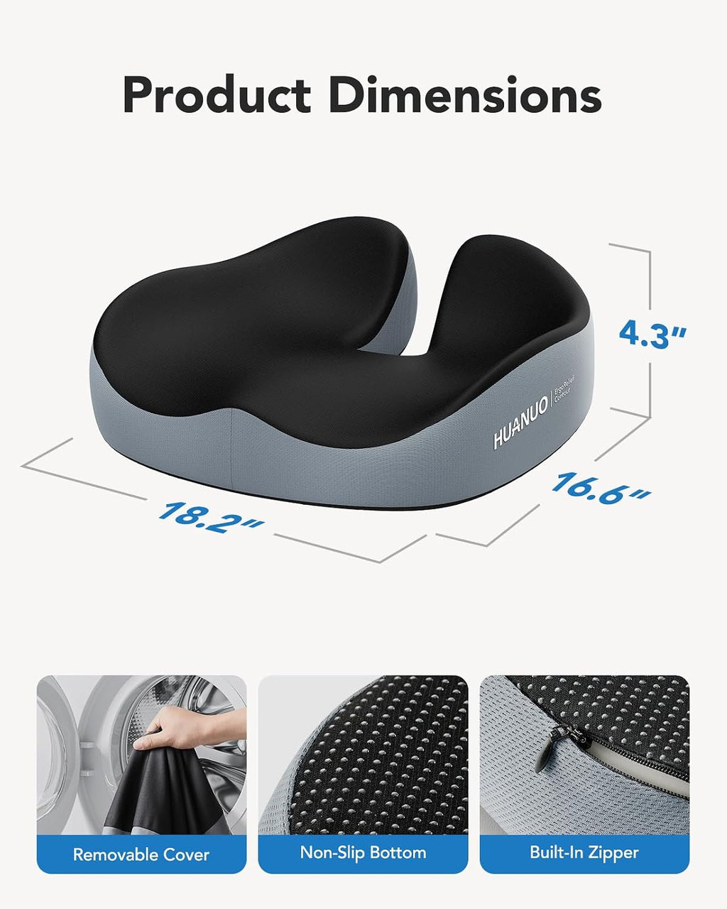 HUANUO Seat Cushion for Office Chair, Extra Large Memory Foam Cushion for Office Chair,Car & Wheelchair - Sciatica & Tailbone Pain Relief for Long Sitting, Ergonomic Design with Anti-Slip Bottom -